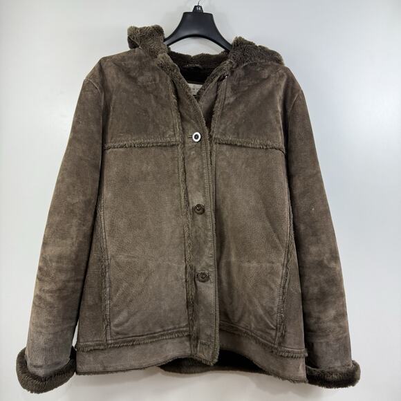 Vintage Jones New York Sport Brown Suede Faux Fur Coat Large Hooded Penny Lane - Picture 2 of 15